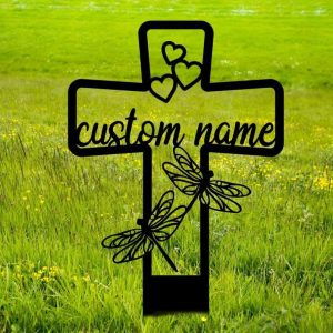 Personalized Dragonfly Memorial Cross Sign Yard Stakes Cross with Hearts Grave Marker Cemetery Decor Custom Metal Sign 3