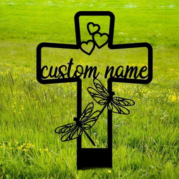 Personalized Dragonfly Memorial Cross Sign Yard Stakes Cross with Hearts Grave Marker Cemetery Decor Custom Metal Sign