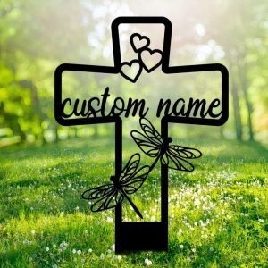 Personalized Dragonfly Memorial Cross Sign Yard Stakes Cross with Hearts Grave Marker Cemetery Decor Custom Metal Sign 4