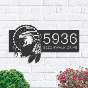 Personalized Eagle US Flag Patriotic Native American Address Sign House Number Plaque Custom Metal Sign 1