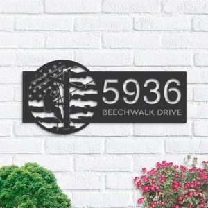 Personalized Electrician Lineman US Flag Custom Metal Sign Address Sign House Number Hanging 1