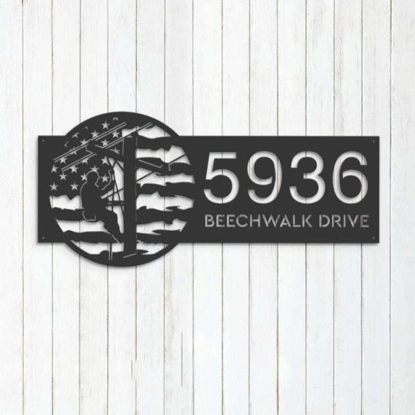 Personalized Electrician Lineman US Flag Custom Metal Sign Address Sign House Number Hanging