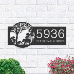 Personalized Elephants Mother And Child in Forest Address Sign House Number Plaque Custom Metal Sign 1