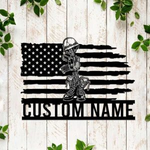 Personalized Fallen American Soldier Sign Boots Rifle Helmet Independence Day Veteran Day Patriotic Decor Custom Metal Sign 1