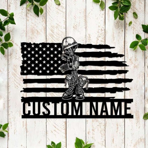 Personalized Fallen American Soldier Sign Boots Rifle Helmet Independence Day Veteran Day Patriotic Decor Custom Metal Sign