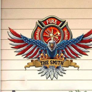 Personalized Family Name Firefighter Sign US Eagle with Flag Independence Day Veteran Day Home Decor Gift for Patriot Custom Metal Sign