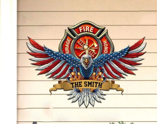 Personalized Family Name Firefighter Sign US Eagle with Flag Independence Day Veteran Day Home Decor Gift for Patriot Custom Metal Sign