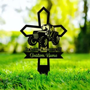 Personalized Farmer Tractor Memorial Sign Yard Stakes Cross Grave Marker Cemetery Decor Custom Metal Sign