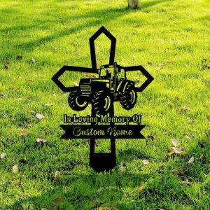 Personalized Farmer Tractor Memorial Sign Yard Stakes Cross Grave Marker Cemetery Decor Custom Metal Sign 3