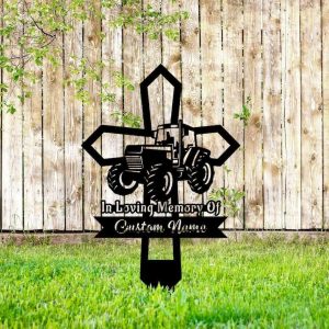 Personalized Farmer Tractor Memorial Sign Yard Stakes Cross Grave Marker Cemetery Decor Custom Metal Sign 4