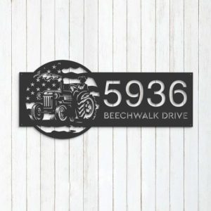 Personalized Farmer on Tractor USA Flag Address Sign House Number Plaque Custom Metal Sign 3