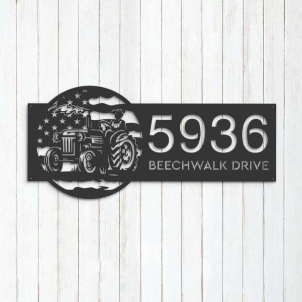 Personalized Farmer on Tractor USA Flag Address Sign House Number Plaque Custom Metal Sign