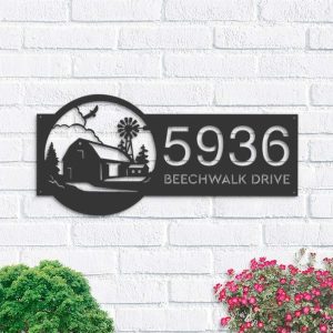 Personalized Farmhouse Ranch Barn Windmill Address Sign House Number Plaque Custom Metal Sign 1