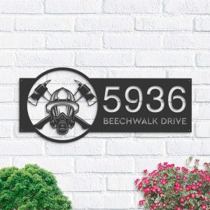 Personalized Firefighter Fireman Axe Helmet and Address Sign House Number Plaque Custom Metal Sign 1