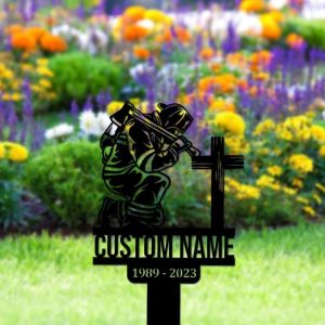 Personalized Firefighter Kneeling Cross Memorial Sign Yard Stakes Firefighter Grave Marker Cemetery Decor Custom Metal Sign 1