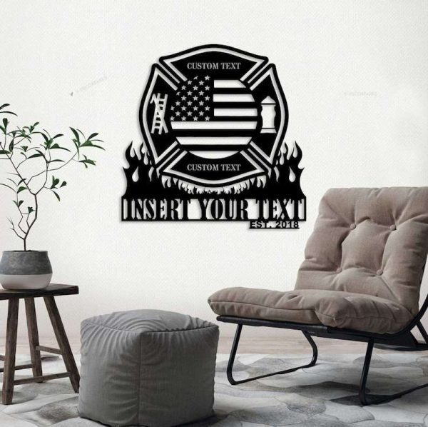 Personalized Firefighter Maltese Cross Sign Fire Department Independence Day Veteran Day Patriotic Decor Custom Metal Sign