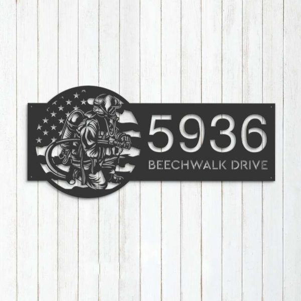 Personalized Fireman Fire Fighter US Flag V1 Address Sign House Number Plaque Custom Metal Sign