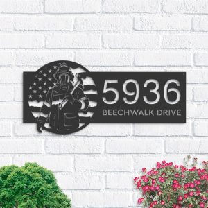 Personalized Fireman Fire Fighter US Flag V2 Address Sign House Number Plaque Custom Metal Sign 1