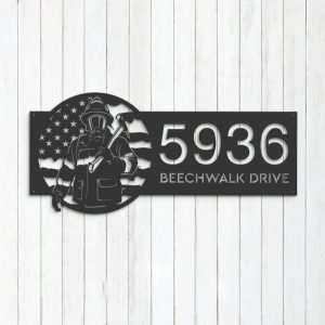 Personalized Fireman Fire Fighter US Flag V2 Address Sign House Number Plaque Custom Metal Sign