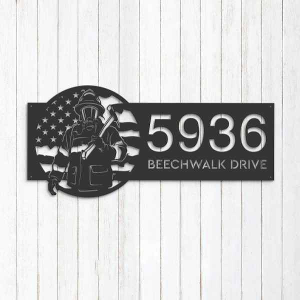 Personalized Fireman Fire Fighter US Flag V2 Address Sign House Number Plaque Custom Metal Sign