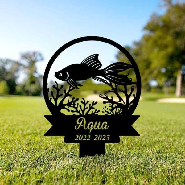 Personalized Fish Memorial Sign Yard Stakes Grave Marker Cemetery Decor Custom Metal Sign