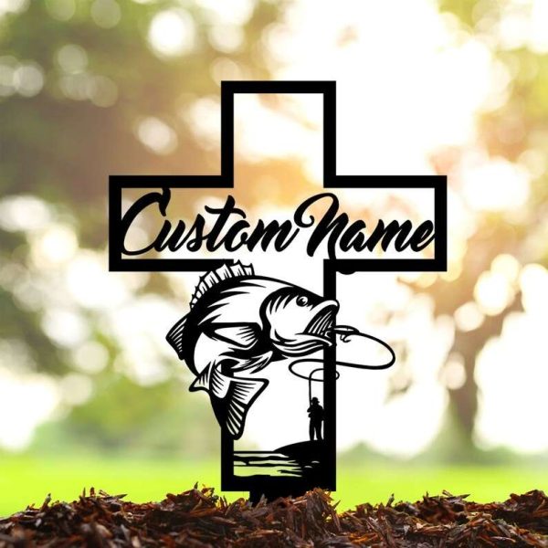 Personalized Fisherman Memorial Sign Yard Stakes Fishing Cross Grave Marker Cemetery Decor Custom Metal Sign