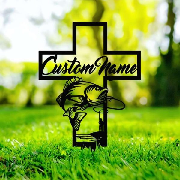 Personalized Fisherman Memorial Sign Yard Stakes Fishing Cross Grave Marker Cemetery Decor Custom Metal Sign