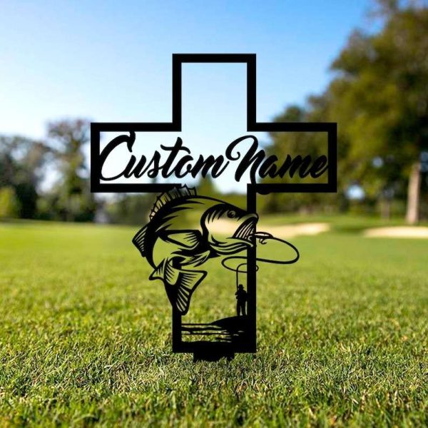 Personalized Fisherman Memorial Sign Yard Stakes Fishing Cross Grave Marker Cemetery Decor Custom Metal Sign