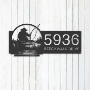 Personalized Fisherman on Boat Fishing Address Sign House Number Plaque Custom Metal Sign