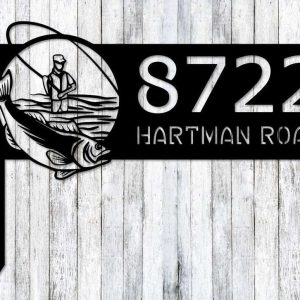 Personalized Fishing Fisherman Address Sign with Stake House Number Plaque Custom Metal Sign