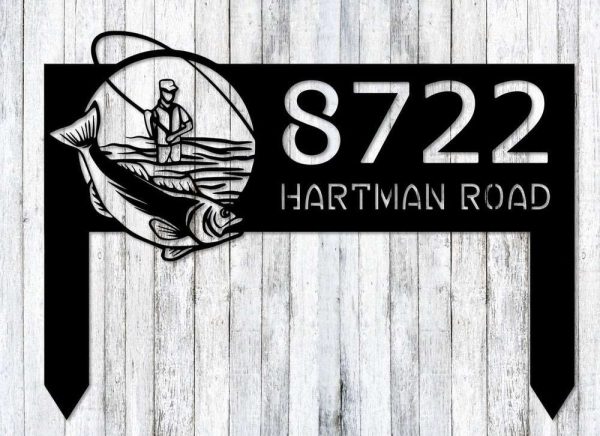 Personalized Fishing Fisherman Address Sign with Stake House Number Plaque Custom Metal Sign