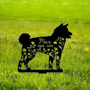 Personalized Floral Akita Memorial Sign Yard Stakes Akita Grave Marker Cemetery Decor Custom Metal Sign 4