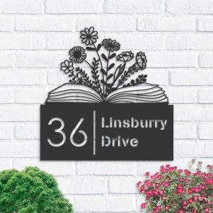 Personalized Floral Book Library Address Sign House Number Plaque Custom Metal Sign 1