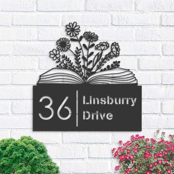 Personalized Floral Book Library Address Sign House Number Plaque Custom Metal Sign