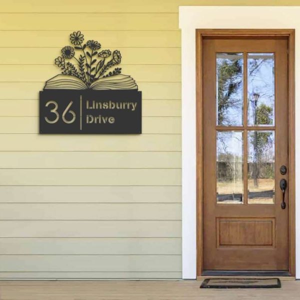 Personalized Floral Book Library Address Sign House Number Plaque Custom Metal Sign