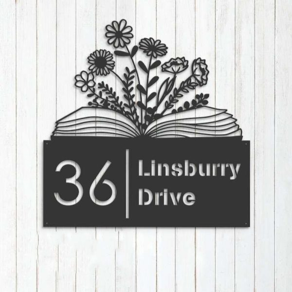 Personalized Floral Book Library Address Sign House Number Plaque Custom Metal Sign