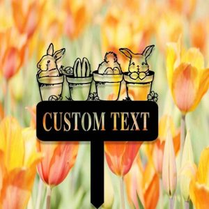 Personalized Floral Bunny Garden Stake Rabbit in Flower Pot Decorative Custom Metal Sign 1