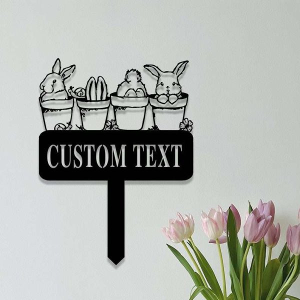 Personalized Floral Bunny Garden Stake Rabbit in Flower Pot Decorative Custom Metal Sign