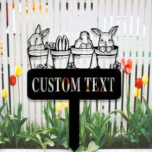 Personalized Floral Bunny Garden Stake Rabbit in Flower Pot Decorative Custom Metal Sign 4