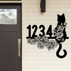 Personalized Floral Cat Address Sign Cat Flower House Number Plaque Custom Metal Sign 1