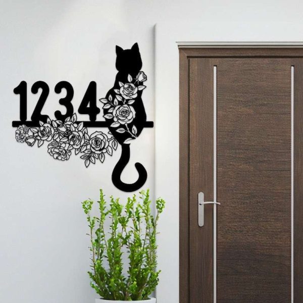 Personalized Floral Cat Address Sign Cat & Flower House Number Plaque Custom Metal Sign