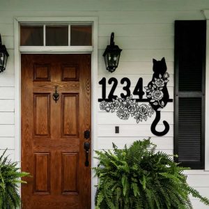 Personalized Floral Cat Address Sign Cat Flower House Number Plaque Custom Metal Sign 3