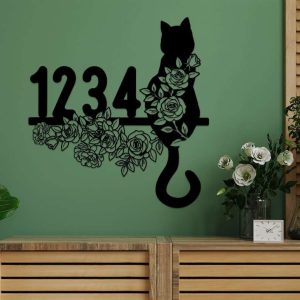 Personalized Floral Cat Address Sign Cat Flower House Number Plaque Custom Metal Sign 4