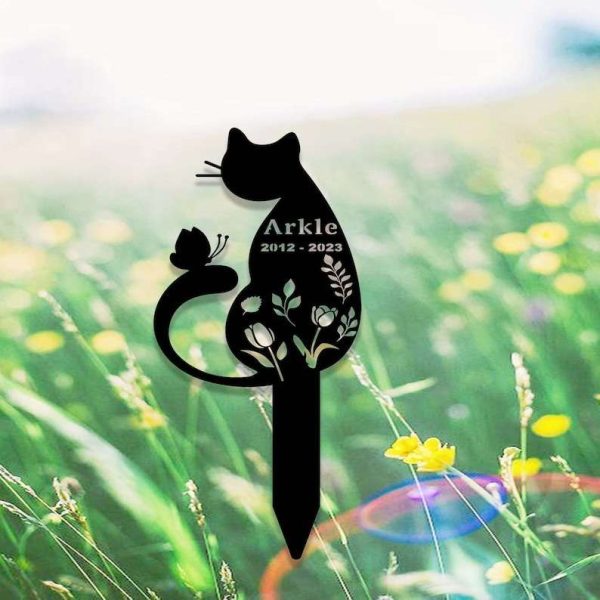 Personalized Floral Cat Memorial Sign Yard Stakes Grave Marker Cemetery Decor Custom Metal Sign