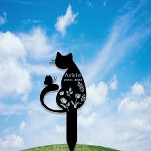 Personalized Floral Cat Memorial Sign Yard Stakes Grave Marker Cemetery Decor Custom Metal Sign 2