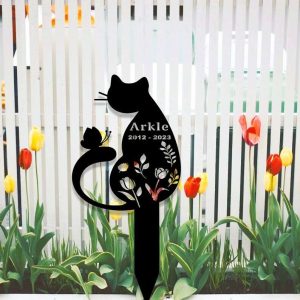 Personalized Floral Cat Memorial Sign Yard Stakes Grave Marker Cemetery Decor Custom Metal Sign 3