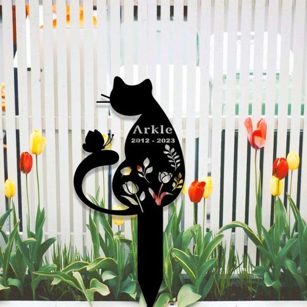 Personalized Floral Cat Memorial Sign Yard Stakes Grave Marker Cemetery Decor Custom Metal Sign