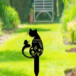 Personalized Floral Cat Memorial Sign Yard Stakes Grave Marker Cemetery Decor Custom Metal Sign 4