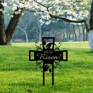 Personalized Floral Cross He is risen! Memorial Sign Yard Stakes Grave Marker Cemetery Decor Custom Metal Sign