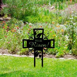 Personalized Floral Cross He is risen Memorial Sign Yard Stakes Grave Marker Cemetery Decor Custom Metal Sign 2